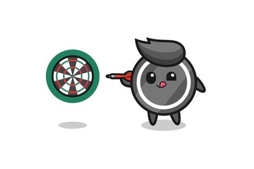 cute hockey puck is playing dart