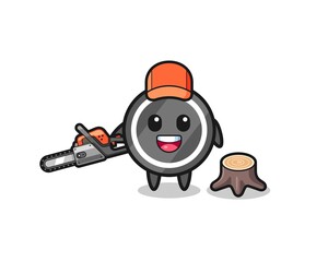 hockey puck lumberjack character holding a chainsaw