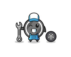 the hockey puck character as a mechanic mascot