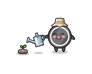 cute hockey puck is watering plant seeds