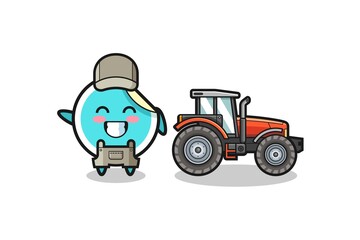 the sticker farmer mascot standing beside a tractor