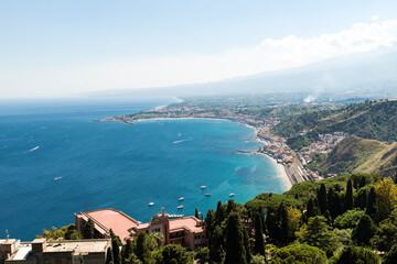 Fototapeta na wymiar Beautiful Seascapes from above in Taormina, Province of Messina, Sicily, Italy.