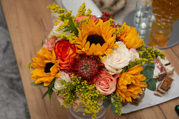 Beautiful wedding colorful bouquet for bride. Beauty of colored flowers.