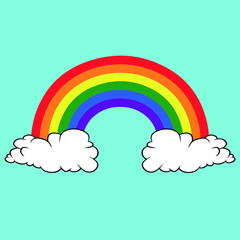 Rainbow with two clouds, sky background, vector illustration