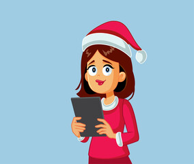 Christmas Woman Holding Tablet Computer Shopping Vector Cartoon