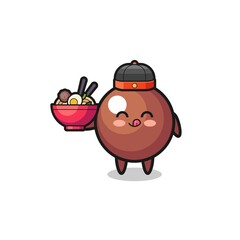chocolate ball as Chinese chef mascot holding a noodle bowl