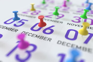 December 6 date and push pin on a calendar, 3D rendering