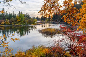 The small beach and swimming hole area at Plantes Ferry Park on the river in the Spokane Valley area of Spokane, Washington, USA at Autumn. Part of the Centennial Trail.	