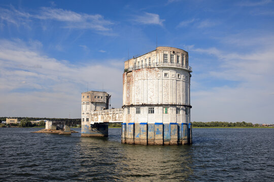 Soviet Union Architecture. Water intake building on the Volga river. Kazan, Republic of Tatarstan, Russia.