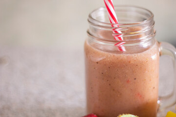 Closeup smoothie yogurt and fruits sweet healthy breakfast kiwi berry food photo still life nobody beverage diet raw drinks glass milk dessert