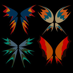 A set of four abstract wings in different bright colors.