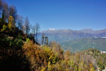 Beautiful landscapes of mountain ranges of the Caucasus Mountains in the Krasnaya Polyana region of Sochi, Russia