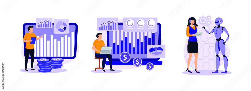 Poster analytics and data science, financial data management, artificial intelligence. big data abstract co