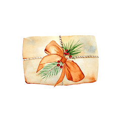 Illustration of watercolor Christmas present for cards, decor and design. 