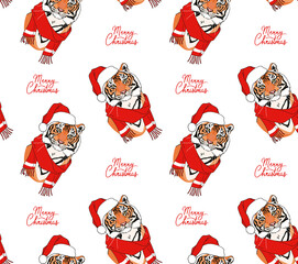Christmas pattern with tiger in santa hat and lettering.
