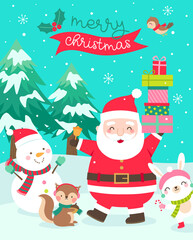 Cute cartoon character illustration with pine trees and snow scene for christmas and new year card design.