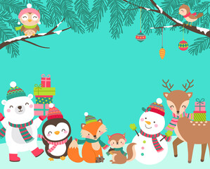 Obraz na płótnie Canvas Cute cartoon animals illustration with copy space for christmas and new year card template.