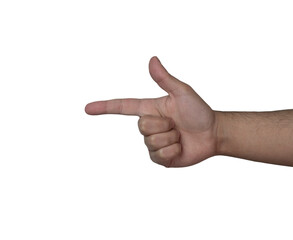 Hand pose finger gun isolated white background