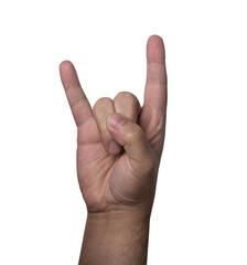 hand showing rock n' roll sign isolated whtite background