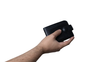 Hand holding black wallet isolated on white background