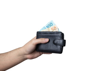 hand holding a wallet with brazilian money white background