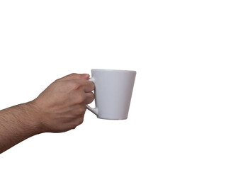 hand holding a cup on white background