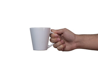 hand holding a cup on white background