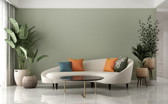 Home and decoration and living room interior design and empty green wall pattern background and plants decor
