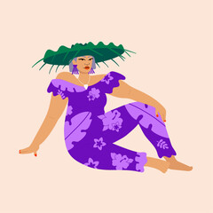 Illustration of senior island woman wearing floral dress relaxing