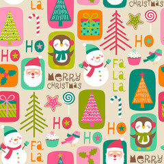 Cute cartoon character and christmas elements seamless pattern.