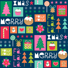 Cute christmas elements and typography design seamless pattern.