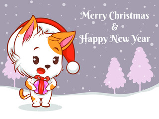 cute cat cartoon character with merry christmas and happy new year greeting banner.