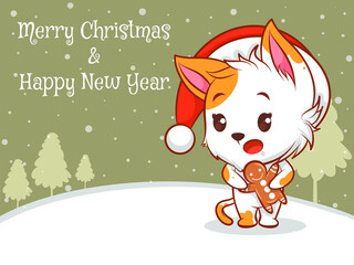 cute cat cartoon character with merry christmas and happy new year greeting banner.