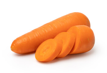 carrots and slices isolated on white background, Carrots cut into pieces, clipping path.