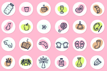 Doodle story highlight icons set. Hand drawn vector elements for decor and design.
