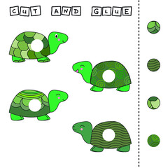Developing an activity for children, the task is to cut and glue a piece on colorful cute turtles. Logic game for children.