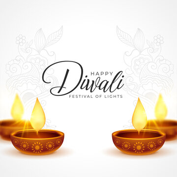 Happy Diwali White Background With Diya Decoration