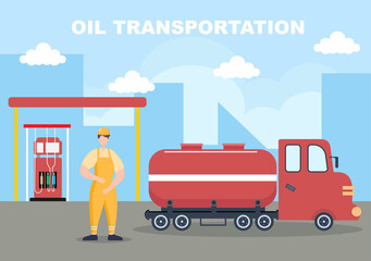 Oil Gas Industry Vector Illustration. Crude Extraction, Refinery Plant, Drilling, Gas Station, Tank use Pipe and Delivery of Fuel by Truck Transportation