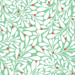 Abstract botanical New Уear Christmas seamless surface with white winter branches and red berries in limited pale colors for textiles, fabrics, wallpaper, packaging, cards, invitations, stationery