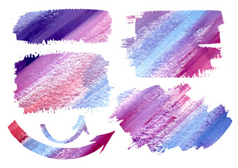 Multicolor Watercolor design elements. Watercolour gradient colorful Arrows and Frames freehand drawing illustration. Multicolored Set blue, red, purple and violet Arrow, frame, logo, ribbon, element
