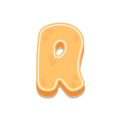 Gingerbread Cookies letter R. Cartoon letter with icing sugar covering. Vector illustration for your design.