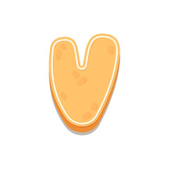 Gingerbread Cookies letter V. Cartoon letter with icing sugar covering. Vector illustration for your design.