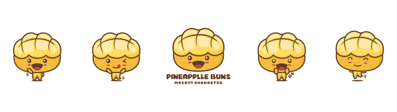 pineapple bun cartoon mascot, Hong Kong style bread vector illustration, with different facial expressions and poses