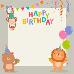 Cute cartoon animals illustration with copy space for birthday invitation card template