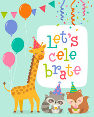 Obraz na płótnie Canvas Cute cartoon animals illustration for birthday card template.