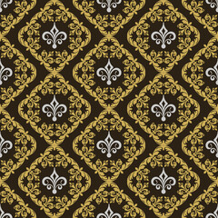 Vintage background pattern in royal style on black background. Seamless background for wallpaper, textures. Vector image. 