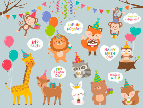 Set of cute cartoon wildlife animals illustration for greeting, invitation birthday card design.