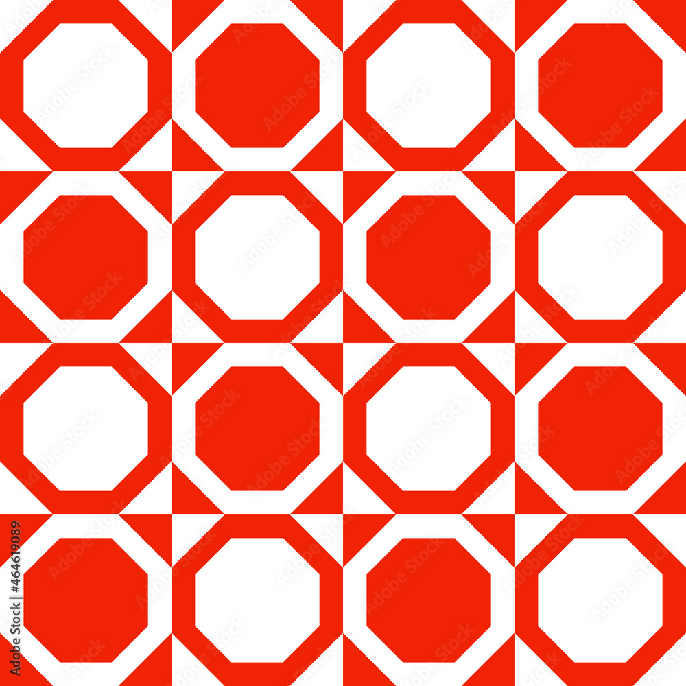 Poster Red and white octagons in chess cells. Elementary geometric pattern. Vector abstract geometry pattern.