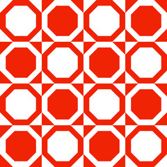 Red and white octagons in chess cells. Elementary geometric pattern. Vector abstract geometry pattern.