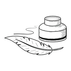 Abstract Black Simple Line Inkwell With Feather Doodle Outline Element Vector Design Style Sketch Isolated On White Background Illustration For Writing